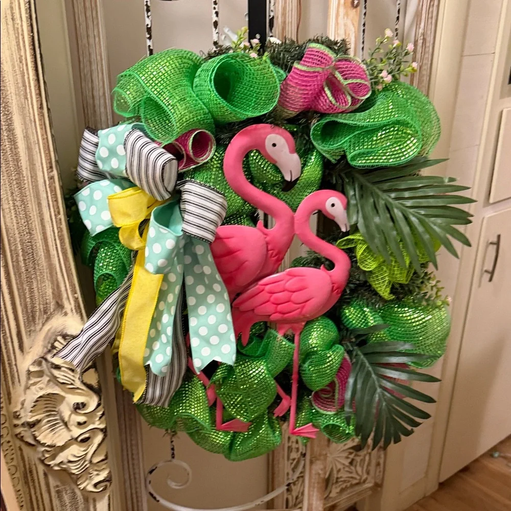 Pink Flamingo Tropical Holiday Wreath - Green & Pink